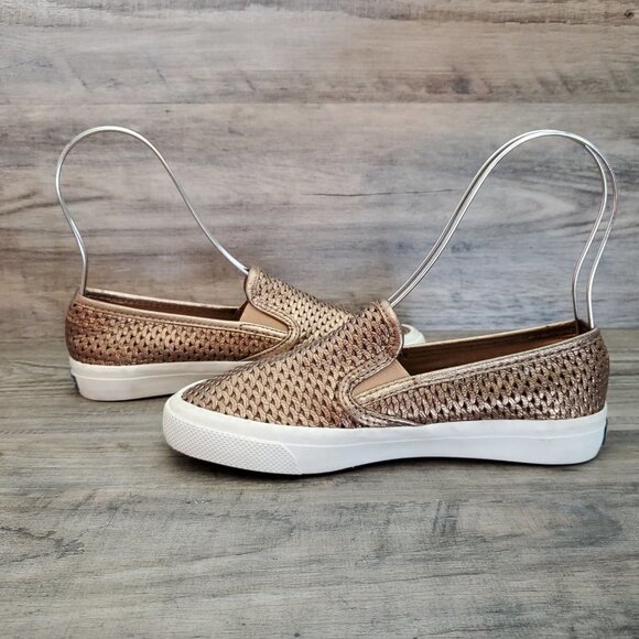 ❤️403 Sperry Seaside Perforated Platinum Metallic Gold Slip-On Sneaker - Picture 12 of 12
